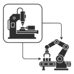 Minimalist illustration of automated production equipment and robotics, featured on automation company reviews page, OGM Automation