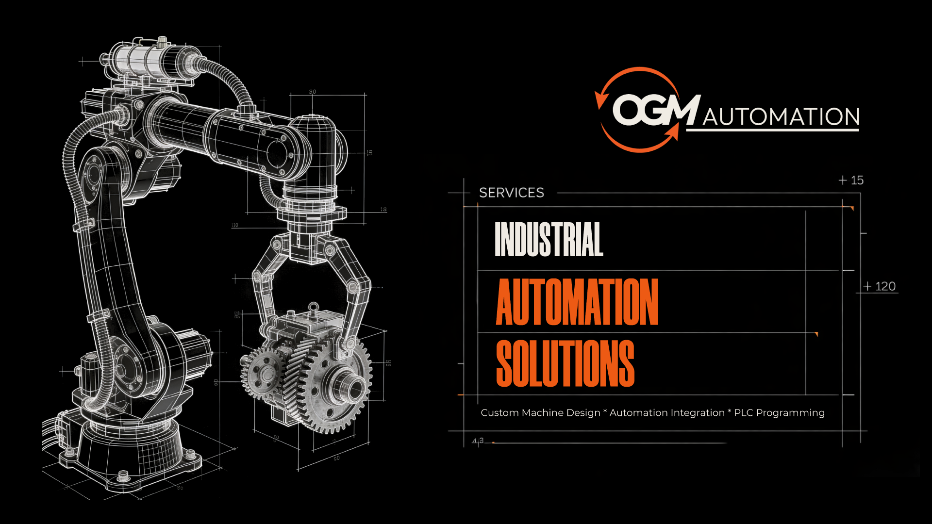 Hero banner for OGM Automation, featuring the company logo and tagline “Industrial Automation Solutions”, and a robotic arm in CAD style line work. The image represents the company’s expertise in industrial automation solutions, custom automation systems, and engineering-driven manufacturing technology.